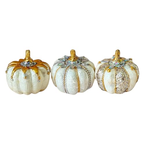 Holiday Tree Handcrafted Capiz Ivory Jeweled Mini Pumpkins (Set of 3) – Classic Fall Pumpkin Decor for Gatherings, Thanksgiving Feasts or Thoughtful Gifts.(Mixed Set)