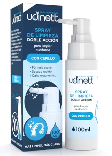 Spray para Audífonos 100ml Udinett - Limpiador en Spray con Cepillo contra Cerumen y la Suciedad - Efecto Limpio Inmediato - Limpieza de Auriculares Bluetooth - Fórmula sin Alcohol