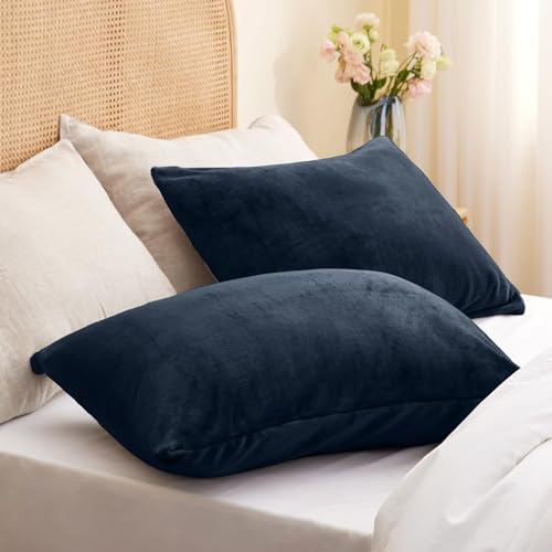 Image of BEDELITE Flannel King Size Pillow Cases Set of 2, Navy, 20x36 Inches | Super Cozy Fuzzy Velvet Pillow Shams with Zipper Closure, Soft Fleece Pillowcases for Bedroom, Sofa, Couch, All-Season Use
