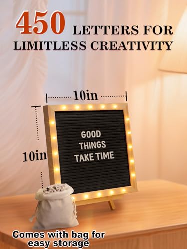 Image of 10 inchx10 inch Felt Letter Board with LED Lights & Stand, First Day of School Sign | Wall /Desk Display, 450-Letter, Message Custom Signs Poster Board, Baby /Pregnancy Announcement /Classroom /Birthday Decor, Black