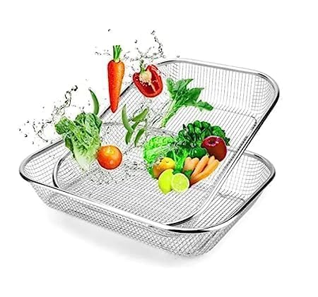 Image of SPIREX Stainless Steel Drain Basket Steel Big Drip Tray Kitchen Drying Stand Mesh Sink Rectangle Basket Mesh Fruits, Vegetable, Drainer Washer (Pack of 1, 30 X 20 X 6 Centimeters, Silver)