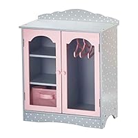 Olivia's Little World Polka Dot Princess Wooden Shaker-Style Double Closet for 18\" Doll Wardrobes with Windowed Doors, Three Shelves, Hanging Space with Hangers, Grey/Pink
