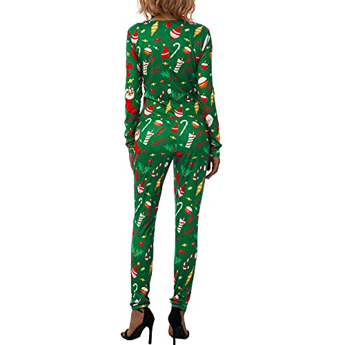Dames Kerstmis Eendelige Jumpsuits Bodycon Slim Button Down Rits Lange Mouwen Rompers Nachtkleding Bodysuit, C Groen, S - Afbeelding 3