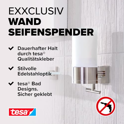 tesa EXXCLUSIV Seifenspender-Set, Milchglas und verchromtes Metall - Flüssigseifenspender zur Wandbefestigung ohne Bohren, inkl. Klebelösung - 73mm x 192mm x 115mm 2