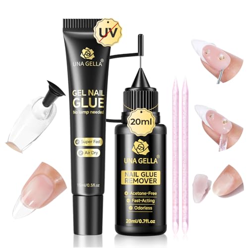 Image of UNA GELLA 15g Nail Glue for Press On Nails with 20ml Nail Glue Remover Kit | Quick Dry Semi Solid Glue, No U V Lamp Needed, Non-Acetone Gentle Remover, Strong Hold Nail Tips Glue Gel, for DIY Manicure