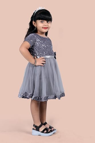 Image of Charming Girls' Kids Velvet & Net Frock with Knee-Length Short Sleeve A-line Round Neck Fit and Flare and Back Zipper Closure|Kids Dress for Baby Girls Birthday Outfit