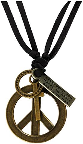 RICH AND FAMOUS Hollow Peace Symbol Adjustable Leather Pendant for Men and Boys