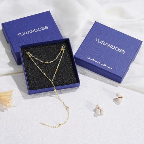 Turandoss Gold Necklace for Women - Dainty Long Y Necklace 14K Gold Plated Y-Shaped Lariat Necklaces Layered Beaded Chain Lip Chain CZ Pearl Cross Drop Necklaces for Women Trendy Jewelry 7