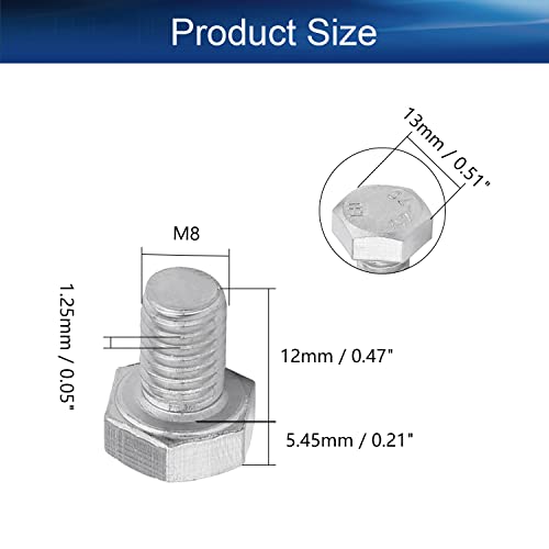 Image of Bettomshin 20Pcs M8 x 12mm Hex Bolts, 304 Stainless Steel 1.25mm Thread Pitch Fully Threaded Metric Hex Head Screw Bolts, Hexagon Screw Bolt, Hex Tap Bolts, Silver (Overall Size 17.45x13x13mm)