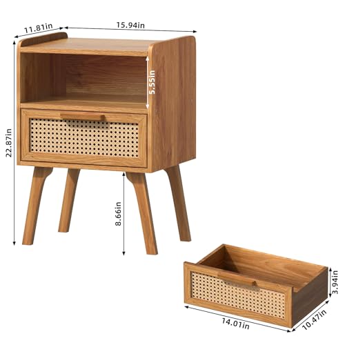 Image of Lerliuo Rattan Nightstand, Side Table with Drawer Open Shelf | Bedside End Table with Solid Wood Legs, Mid Century Modern Night Stand for Bedroom, Dorm and Small Spaces (Tea Brown)