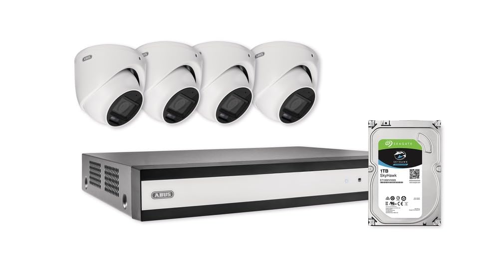 ABUS Videoüberwachung Set 8-Kanal – 4X Mini-Dome Kameras + Hybridrekorder mit 1TB HDD – Analog HD, Bewegungserkennung, Nachtsicht, App-Zugriff, inkl. Kabel & Netzteile, TVVR33843D