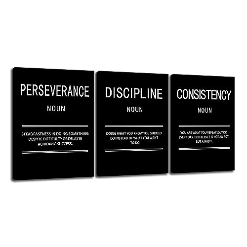 Perseverance Discipline Consistency Motivational Canvas Office 3 Panel Print Wall Art Inspirational Poster Painting Modern Inspiring Artwork for Home Living Room Decor Ready to Hang [36''Wx 16''H]
