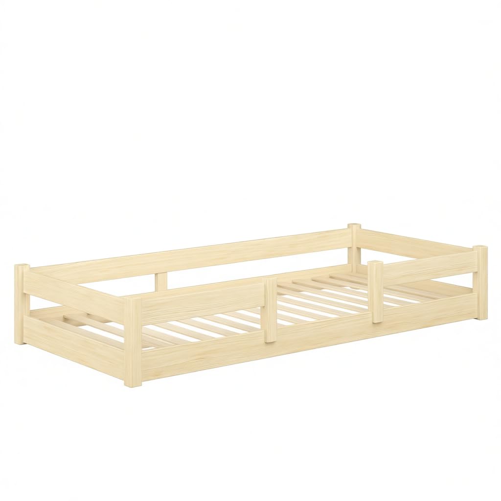 KOBI Lit d'enfant 120x60 cm, avec Balustrade - Lila lit de Sol en Bois de pin Naturel