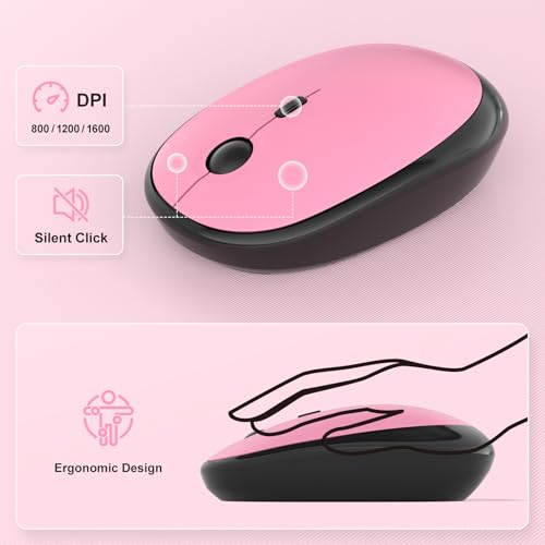 Image of Wireless Keyboard Mouse Combo - Lovely CherryPink-Gradient Rainbow Full-Sized Typewriter Colorful Keyboards, Round Keycap Plug Play Retro Cute Keyboards for Windows, Laptop, PC, Desktop, Computer