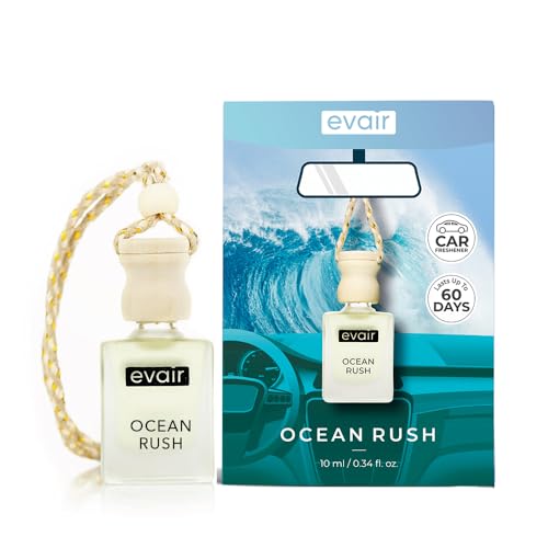 Image of Evair Ocean Rush Car Air Freshener | Hanging Car Perfume with Essential Oils | Long-Lasting Aroma in Glass Bottle with Wooden Diffuser Lid | 10ml Hanging Car Scent (Pack of 1)