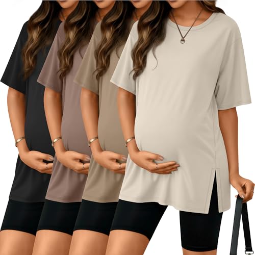 Riyiper 4 Pack Womens Maternity T Shirts Short Sleeve Split Side Pregnancy Tee Loose Casual Crewneck Maternity Clothes(Black Coffee Khaki Cream Small)