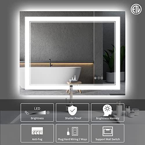 48x36 Inch Bathroom Mirror LED with Lights, Backlit and Front Lighted Anti-Fog Dimmable Memory Lighted Bathroom Vanity Mirror, Large Led Mirror for Bathroom