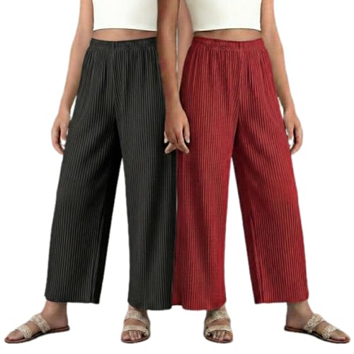 Image of Set of Combo Trouser and Pants for Girls and Women's Relaxed Fit Stretchable Regular Fit Palazzos Lightweight Elastic Waistband Bottoms for Daliy Office & Casual Wear
