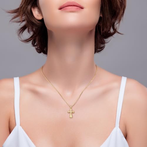 Gold Cross Necklaces for Women 14K Gold Cross Necklace for Women Pendant Necklace Womens Fine Dotted Border and Raised Surface Dainty Cross Chain for Womens Faith (16.5''+3.2'')3