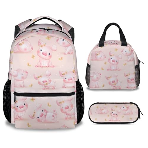 Mercuryelf Pig for Girls Boys Backpack with Lunch Box Set, 3 in 1 School Backpacks Matching Combo, Cute Pink Bookbag and Pencil Case Bundle