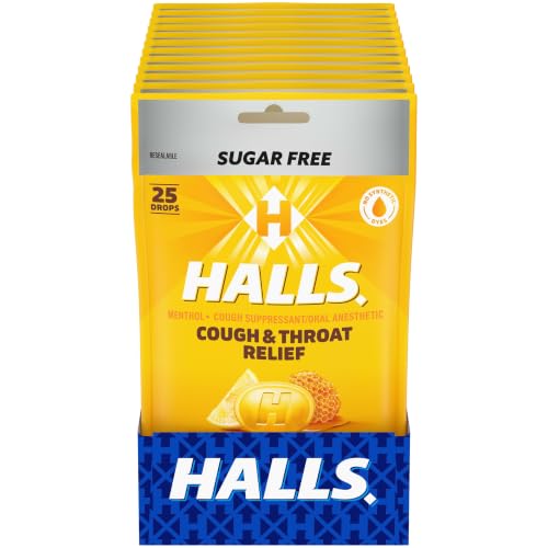 HALLS Cough & Throat Relief Honey Lemon Sugar Free Cough Drops