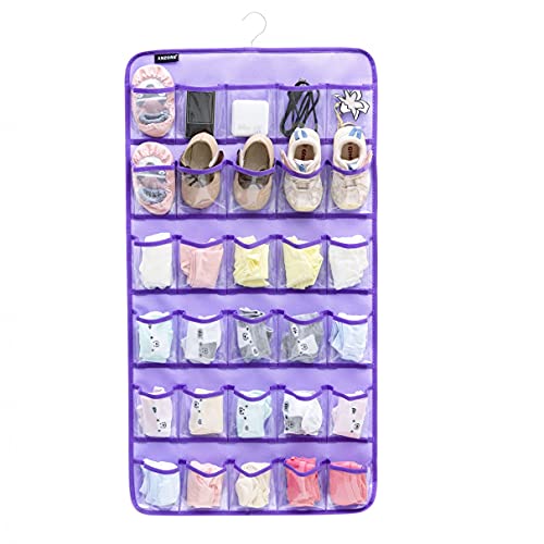 ANZORG Organizador colgante de zapatos de bebé, soporte para diadema de bebé, organizador de armario para calcetines de bebé, ropa interior con 30 bolsillos transparentes (morado)