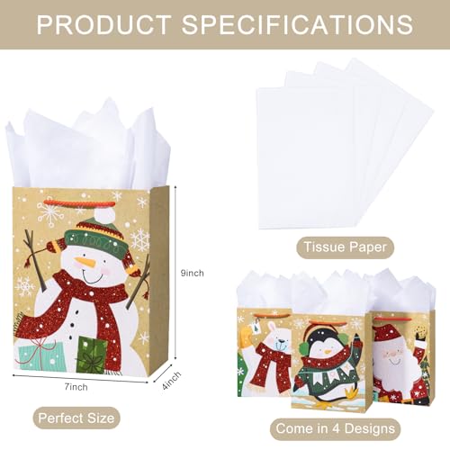Image of Loveinside Christmas Gift Bags Set, Glitter Foil Santa, Penguin, Snowman & Polar Bear Design, Medium Size Bags with Handle, Tissue Paper for Christmas Gifts & Party Favors, 4 Pack, 7 inch X 4 inch X 9 inch