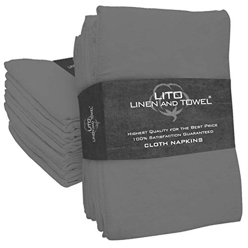 Linen and Towel, Cloth Napkins, 100% Ring Spun Natural Cotton, Qty 12, 18" x 18" Grey, Cotton Craft Napkins 12 Pack Oversized Dinner Napkins, Cloth Napkins Set of 12 Cotton, Linen Napkins