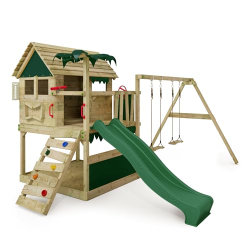 FATMOOSE Spielturm Klettergerüst TikaTaka Town XXL mit Schaukel & grüner Rutsche, Outdoor Kinder Kletterturm mit Sandkasten Leiter & Spiel-Zubehör für den Garten
