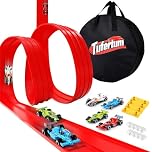 Flexible Toy Car Track for Racing, 4M Roll Up Race Track Includes 4 Diecast Toy Cars for Boys, Diecast Cars and Monster Trucks, Attach to Windows Doors for Bumps Jumps Tunnels Loops