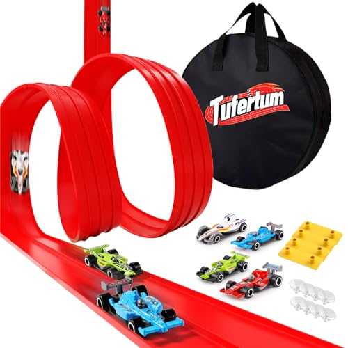 Flexible Toy Car Track for Racing 4M Roll Up Race Track Includes 4 Diecast Toy Cars for Boys Diecast Cars and Monster Trucks Attach to Windows Doors for Bumps Jumps Tunnels Loops