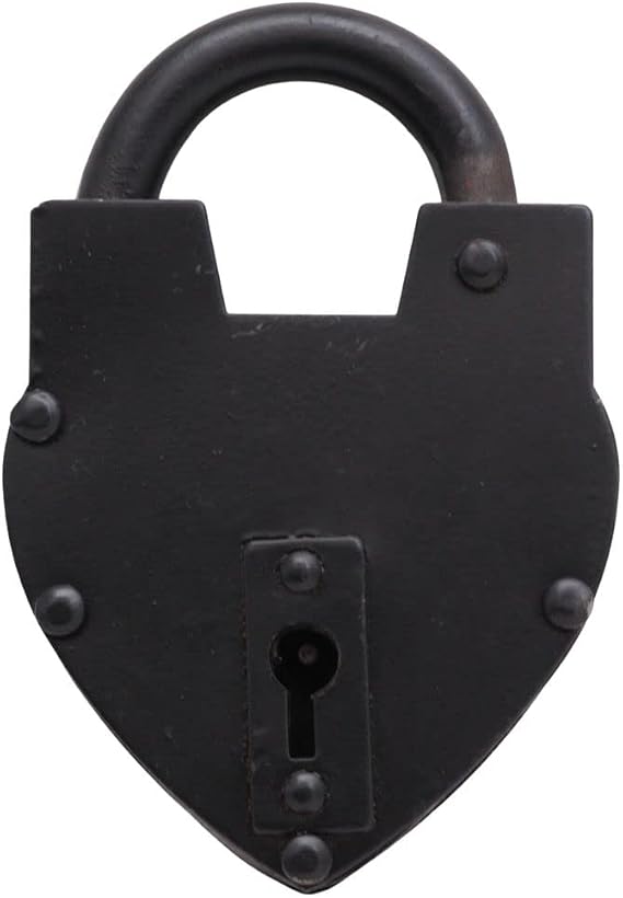 Vintage Style Lock/Antique Reproduction Heart Padlock with Two Skelton Keys/Black Powder Coted Hand Forged Padlock for Old Trunk, Wine Rack, Shade, Barn, Gate