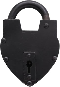 Vintage Style Lock/Antique Reproduction Heart Padlock with Two Skelton Keys/Black Powder Coted Hand Forged Padlock for Old Trunk, Wine Rack, Shade, Barn, Gate