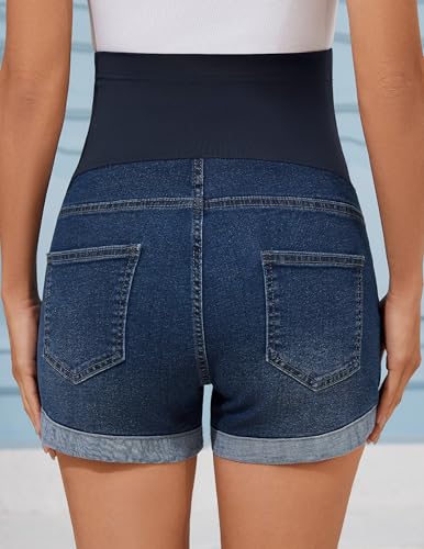 Image of PACBREEZE Women's Maternity Jean Shorts Over Belly Stretch Denim Shorts Trendy Summer Pregnancy Clothes