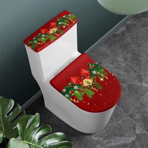 Pzuqiu Weihnachtlicher Toilettensitzbezug-Set, länglicher WC-Deckelbezug mit Weihnachtsglocke, Badezimmer, perfekte Dekoration für Zuhause, tragbar für Ausflüge, Toilettensitz-Schutzbezüge – Bild 3