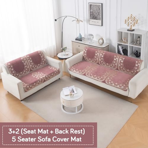 Image of HOKIPO Gulabi Jaal Premium Chenille Jacquard Sofa Cover 3 Seater and 2 Seater Set - 5 Seater Sofa Cover (3+2) for Seat & Back | 'Royal Aangan Series' (IN-1008-L1*2 + IN-1007-L1*2)