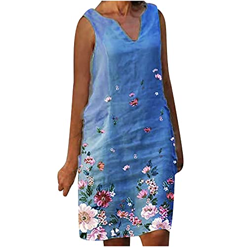 Women's Summer Linen Tank Dress V Neck A Lined Midi Dress Sleeveless Elegant Mid Length Casual Plus Size Sun Dresses