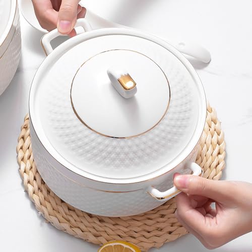 Laammiam 32L-66098442 White Soup Tureen With Gold Design,Double Handle Soup Serving Bowl thumb #1