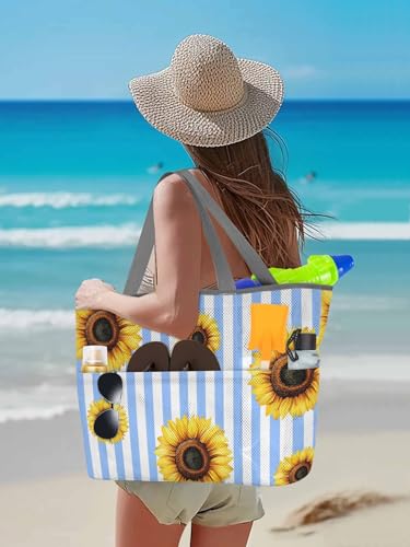 Beach Bags Women Mesh Tote Bag Rustic Pastoral Sunflower Toy Grocery Pool Bag with Pockets for Travel/Picnic/Shower3