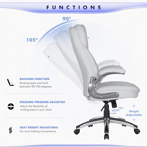Image of COLAMY High Back Executive Office Chairs Set of 2, Ergonomic PU Leather Desk Chairs with Flip-Up Armrests, Adjustable Height, Lumbar Support, Comfortable Computer Chairs for Home Office, White