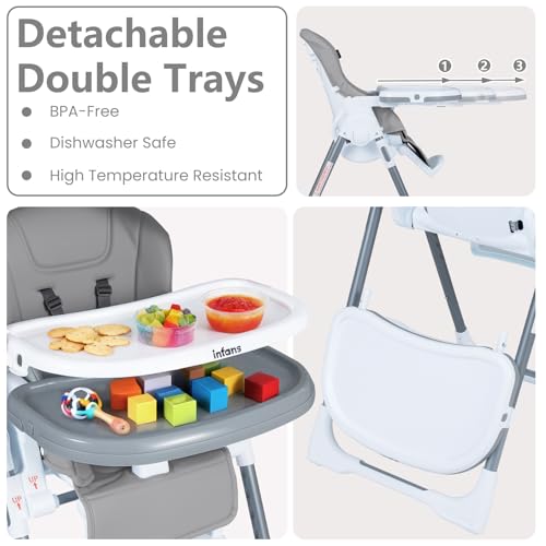 Image of INFANS High Chair for Babies and Toddlers, Foldable Highchair with 7 Different Heights 4 Reclining Backrest Seat 3 Setting Footrest, Removable Tray Built-in Rear Wheels with Locks
