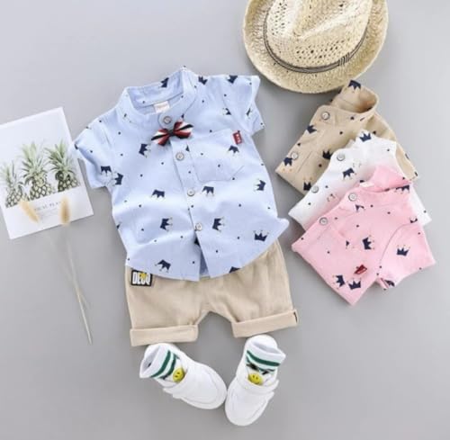 Image of Vikita Enterprise Kid Boy's Hosiery Cotton Blend Printed Cord Set with Mandarin Collar Short Sleeve Shirt and Side Pocket Elastic Waistband Closure Short Pant with Tie