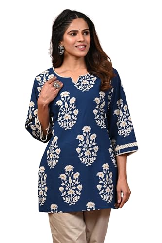 Image of Rimeline Women's Floral Printed Cotton Kurti Top | Round Notch Neck 3 /4 Sleeve Straight Fit Casual Tunic