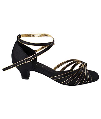 Very Fine Dance Shoes - Ladies Practice, Cuban Low Heel Ballroom Dance Shoes - SERA7043-1.2-inch Heel and Foldable Brush Bundle - Black Satin - Gold Trim - 8.53