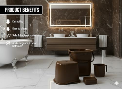 Image of MODWARE Bathroom Set, Pack of 4, Bucket, Mug, Soap Case, Stool, 20L, Polypropylene (Brown)