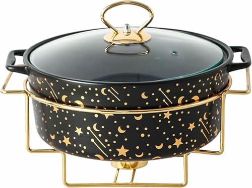 Juego de Buffet Redondo con Horno de cerámica y Cubierta de Vidrio para Bodas, Fiestas, Banquetes y Eventos ~/ (Negro M)