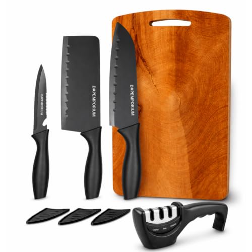 Image of Kitchen Knife Set with Wooden Cutting Board & Knife Sharpener | Black Coted Stainless Steel Blades with Cover | 3 Slots Sharpener | Wood Chopping Board for Vegetable, Fruit & Meat Cutting
