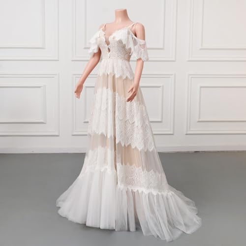 Image of Spaghetti Chiffon Beach Wedding Dress V Neck A line Bridal Gowns Lace Plus Size Wedding Dress