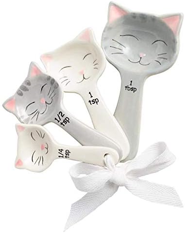 Cat Shaped Ceramic Measuring Spoons - Gift for Any Cat Lover - Cat Ceramic Measuring Spoons Baking Tool - Creative Functional Kitchen Decor - Comes in White and Gray - Set of 4