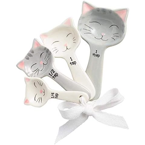 Cat Shaped Ceramic Measuring Spoons Farmhouse Decor for Kitchen - Cat Baking Utensil Set - Gift for Cat Lover Themed Kitchen Accessories - Cat Measuring Spoons with Ribbon Tie - 5-Piece Set Cover